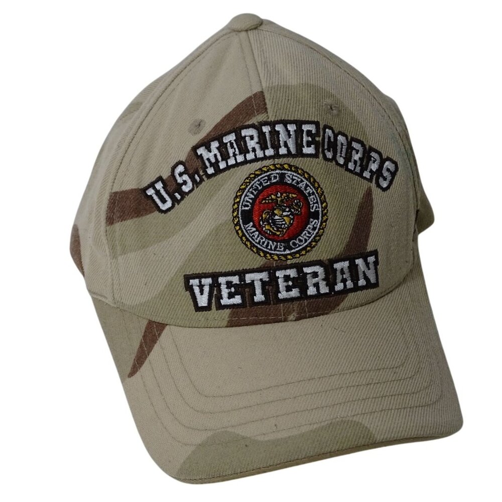 US Marine Corps Veteran Cap Tan Camo Adjustable Strap Back Men One Size FLAW